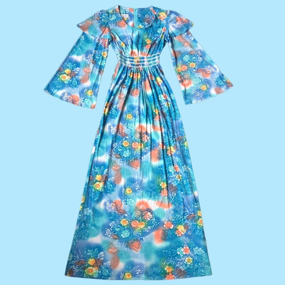 Vintage 1970s Blue Floral Bell Sleeve Maxi Dress
